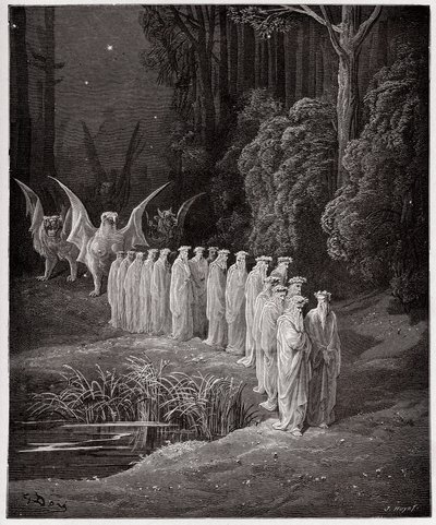 神曲』（La Divina Commedia, La Divine Comedie）、『プルガトリオ』（Purgatorio）、カント29：終末論的な行列をする24人の長老たち - ダンテ・アリギエリ（1265-1321）作 - ギュスターヴ・ドーア（1832-1883）絵 作： Gustave Dore