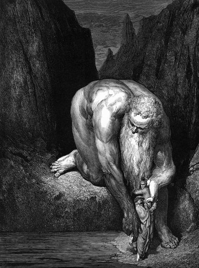 ダンテの『神曲』：巨人アンタエウス。 作： Gustave Dore