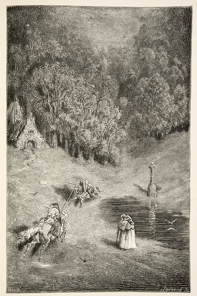 アーサー王とペリノールの出会い、チャールズヘンリーハンソン著アーサー王の日々の物語、1898年 作： Gustave Dore