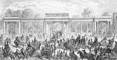 1872年にA.ドムスによって彫刻された、ウィリアムブランチャードジェロルズによって書かれた「ロンドン、巡礼」からのハイドパークへの入り口 作： Gustave Dore