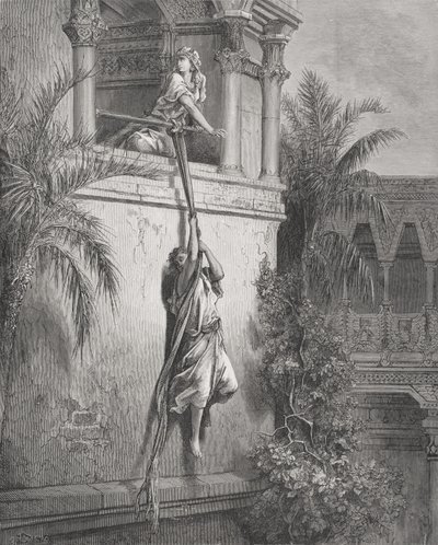 窓からのダビデの脱出、ドアの「聖書」のイラスト、1866 作： Gustave Dore
