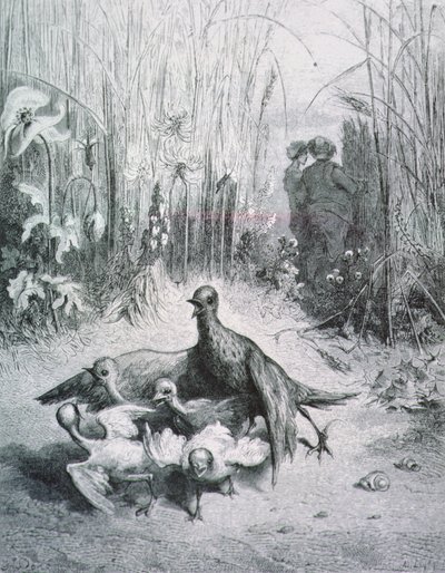 ラークの寓話、彼女の若いものとフィールドのマスター、ラフォンテーヌ寓話のイラスト 作： Gustave Dore
