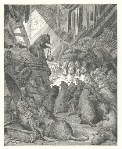 ラ・フォンテーヌの寓話：ねずみが開いた会議（エングレーヴィング） 作： Gustave Dore