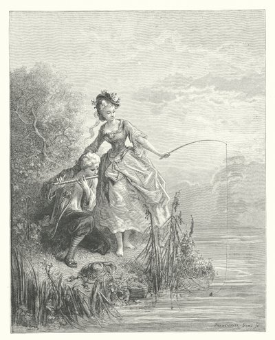 ラ・フォンテーヌの寓話魚とクラリオネットを吹く羊飼い（版画） 作： Gustave Dore
