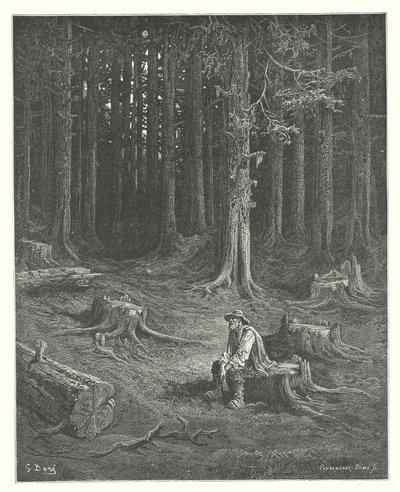 ラ・フォンテーヌの寓話：森と木こり（エングレーヴィング） 作： Gustave Dore