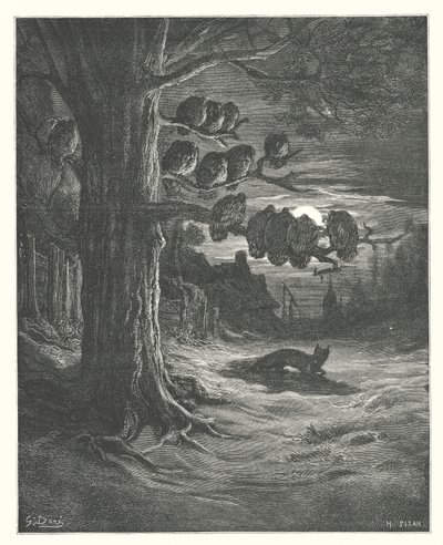 ラ・フォンテーヌの寓話キツネと七面鳥（エングレーヴィング） 作： Gustave Dore