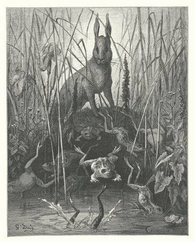 ラ・フォンテーヌの寓話：ウサギとカエル（エングレーヴィング） 作： Gustave Dore