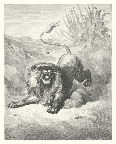 ラ・フォンテーヌの寓話ライオンとブヨ（エングレーヴィング） 作： Gustave Dore