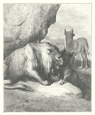 ラ・フォンテーヌの寓話：ライオン、オオカミ、キツネ（エングレーヴィング） 作： Gustave Dore