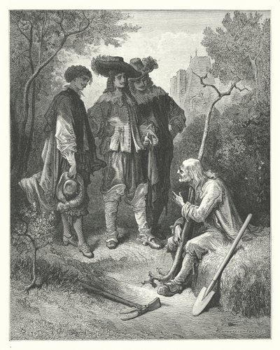 ラ・フォンテーヌの寓話：老人と3人の若者（エングレーヴィング） 作： Gustave Dore