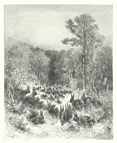 ラ・フォンテーヌの寓話うさぎたち（エングレーヴィング） 作： Gustave Dore