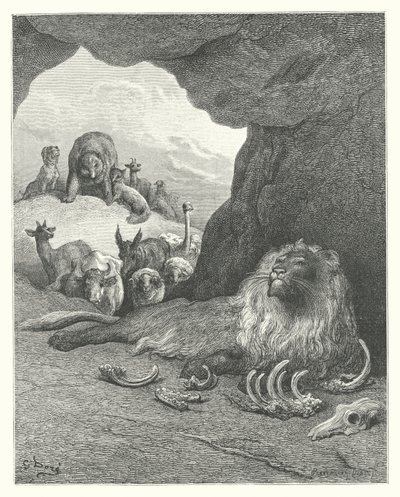 ラ・フォンテーヌの寓話：病気のライオンとキツネ（エングレーヴィング） 作： Gustave Dore
