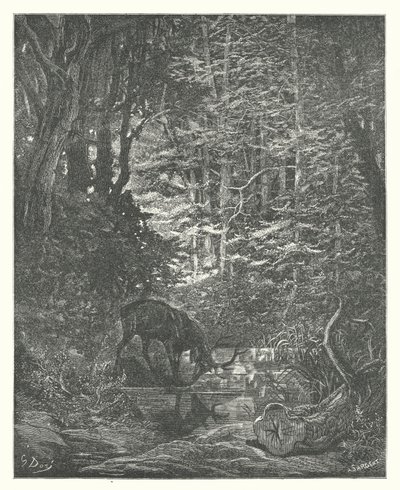ラ・フォンテーヌの寓話流れに身をまかせる鹿（エングレーヴィング） 作： Gustave Dore