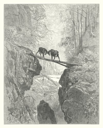 ラ・フォンテーヌの寓話ふたりのヤギ（エングレーヴィング） 作： Gustave Dore