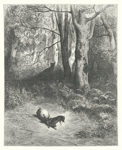 ラ・フォンテーヌの寓話：二匹のネズミとキツネと卵（エングレーヴィング） 作： Gustave Dore