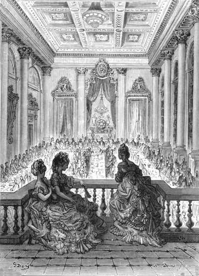 「ディナーのゴールドスミス」、1872 年。 作： Gustave Dore