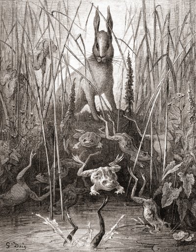 ウサギとカエル、寓話デラフォンテーヌ（木製彫刻）の19世紀後半の版から 作： Gustave Dore