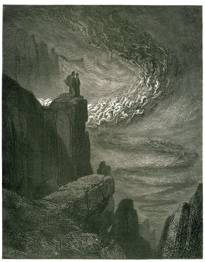 ギュスターヴ・ドーアが挿絵を描いたダンテ・アリギエーリの地獄（神曲）。1861年のフランス版。「La bufera infernal, che mai non resta/Mena gli spirti con la rapina.(決して止むことのない地獄のハリケーンは、霊魂をその渦に引き込む）"、 作： Gustave Dore