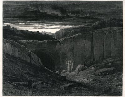 ギュスターヴ・ドーアが挿絵を描いたダンテ・アリギエーリの地獄（神曲）。1861年のフランス版。地獄の入り口でのダンテとバージル："Lasciate ogni speranza, voi che 