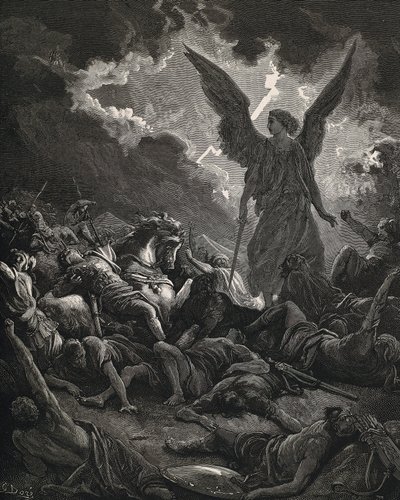 A Bíblia Sagrada. 1866. SENNACHERIB (705-681 aC). Rei da Assíria (705-681 aC). Anjo de Javé do exército de Senaqueribe. Gravação 作： Gustave Dore