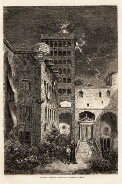 バルセロナの異端審問所、ギュスターヴ・ドーア（1832-1883）が1862年にC.ダヴィリエと行ったスペイン旅行の説明のために描いたもの。エドゥアール・シャルトン編『世界一周』に掲載されている図版 作： Gustave Dore
