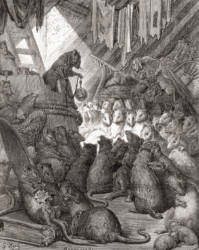 19世紀後半に出版された「Fables de La Fontaine」に収録されている「The Mice in Council」（木版画）で、「Belling the Cat」や「The Bell and the Cat」というタイトルでも知られている。 作： Gustave Dore