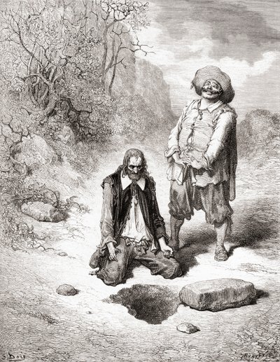 Fables de La Fontaine（木製彫刻）の19世紀後半の版からの彼の宝物を失った悲惨な人 作： Gustave Dore