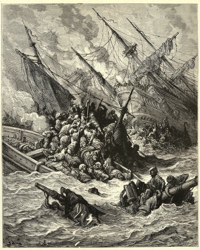 「レパントの海戦" 1571年、ギリシャ沖でスペイン、ヴェネツィア同盟とローマ教皇軍がオスマン帝国に仕掛けた海戦。ジョゼフ・フランソワ・ミショー著『十字軍の歴史』よりギュスターヴ・ドーレ（1832-1883）のエングレーヴィング。 作： Gustave Dore
