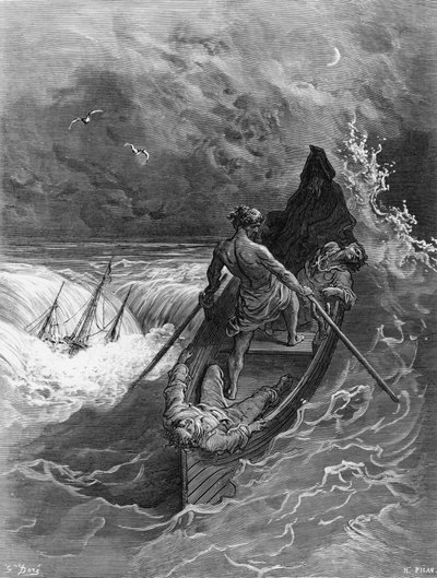 パイロット失神、STコールリッジによる「古代のマリナーの霧」のシーン、ハーパーウントブラザーズ、1876年に出版（木の彫刻） 作： Gustave Dore