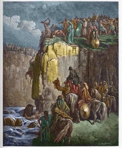 バアルの預言者たちの虐殺 - 預言者エリヤはバアルの祭司たちを滅ぼした - Gustave Dore (1832-1883) による "The Bible illustree" のエングレーヴィング - "The Dore Bible" のエングレーヴィング 作： Gustave Dore