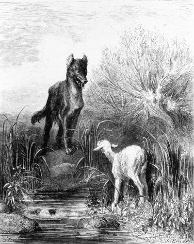 ドレの『ラ・フォンテーヌ』より「狼と子羊の寓話」。 作： Gustave Dore
