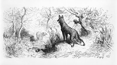 「狼と羊」、ジャン・デ・ラ・フォンテーヌ作「寓話」（1621〜95年）、1868年のイラスト 作： Gustave Dore