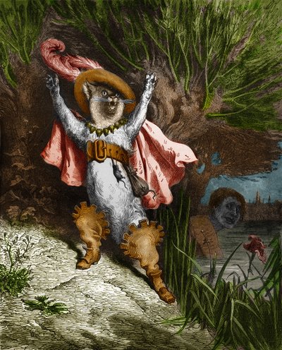 長靴を履いた猫が助けを求めます。シャルル・ペロー（1628-1703）の「物語」よりギュスターヴ・ドーア（1832-1883）の版画。 作： Gustave Dore