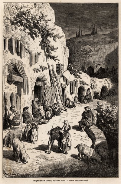 グラナダのサクロモンテにあるジプシーの洞窟（地下の家）。Gustave Dore (1832-1883)が1862年にCh.Davillierを伴ってスペインを訪れた際に描いたもの。エドゥアール・シャルトン編集の「世界旅行」に掲載されている図版 作： Gustave Dore
