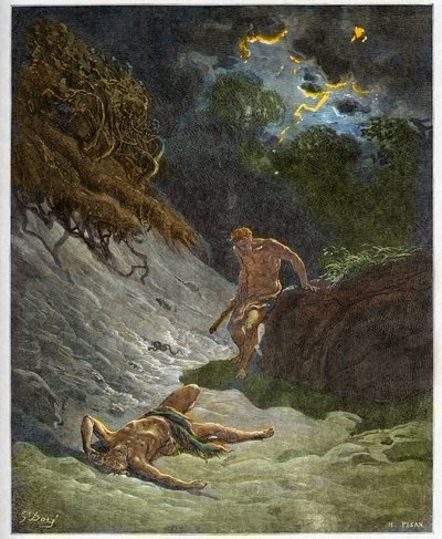 アベルの死 - カインによるアベルの殺害 - ギュスターヴ・ドーア（1832-1883）の "The Bible illustree "のエングレーヴィング - "The Dore Bible "のエングレーヴィング 作： Gustave Dore