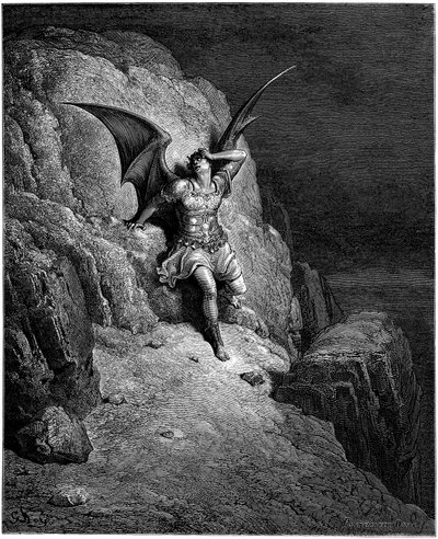 天使ルシファーの堕落（サタン、天使デチュが天から地上に堕ちた）。ジョン・ミルトン（1608-1674）の『失楽園』のためのギュスターヴ・ドーレによる挿絵。1866年のエングレーヴィング。個人蔵 作： Gustave Dore