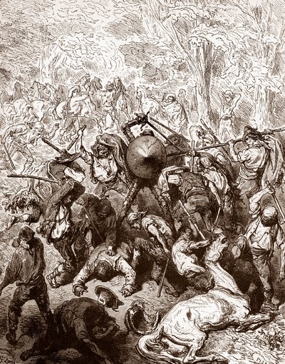 Taistelu Gustave Doren (1832-1883) Yanguas-kaiverruksen muleteerejä vastaan Miguel de Cervantesin (1547-1616) "The Ingenieux Hidalgo Don Quixotte de la Manche (Quixotte - Quijote)" 1863 Yksityinen kokoelma 作： Gustave Dore