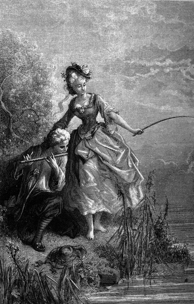 笛を吹く魚と羊飼いの姿。笛の音がエサになっている。ジャン・ド・ラ・フォンテーヌ（1621-1695）の寓話。挿絵はギュスターヴ・ドーア。 作： Gustave Dore