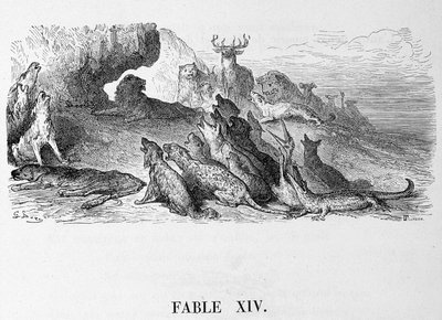 ラ・フォンテーヌの「寓話」の中の「雌ライオンの葬儀」、ドレの絵。 作： Gustave Dore