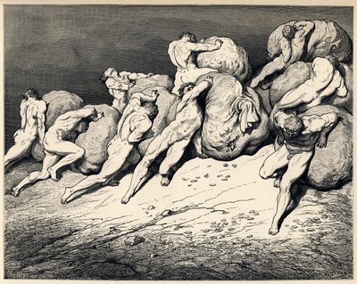 貯蔵庫と浪費家。ダンテアリギエーリによる「神の喜劇」の挿絵、1857年 作： Gustave Dore