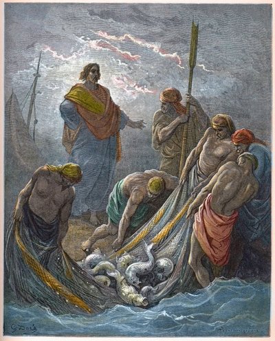 奇跡の魚群 - 奇跡の釣り - - Gustave Dore (1832-1883) による "The Bible illustree" のエングレービング - "The Dore Bible" のエングレービング 作： Gustave Dore