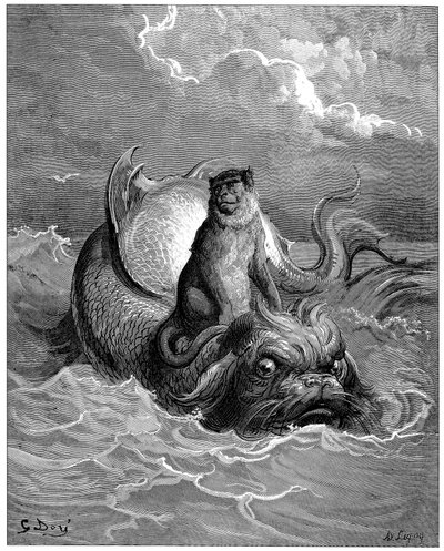 猿とイルカ：寓話、ジャン・ド・ラ・フォンテーヌ（1621-1695）の寓話。挿絵：ギュスターヴ・ドーレ（1832-1883）。 作： Gustave Dore