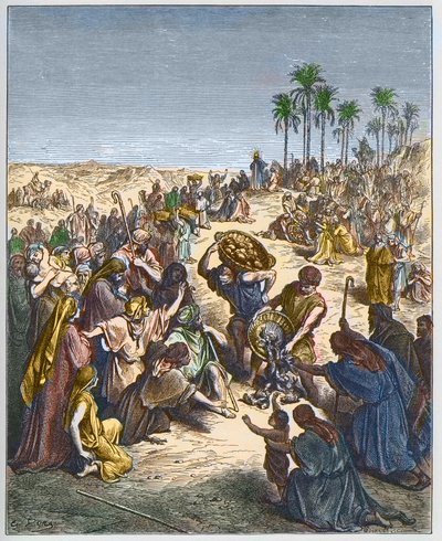 パンの増殖-キリストが大勢の人を養っている様子（Abundance Bread Christianity Crowd Engraving Fish） - Gustave Dore（1832-1883）の "The Bible illustree "のエングレーヴィング - "The Dore Bible "のエングレーヴィング 作： Gustave Dore