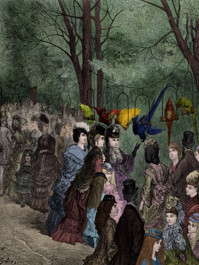 ドレのビクトリア朝のロンドン動物園でのオウムの散歩 作： Gustave Dore