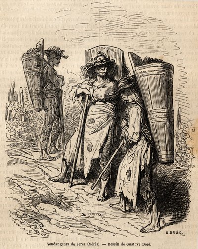ゼレスの収穫人たち。Gustave Dore (1832-1883)が1862年にCh.Davillierと行ったスペイン旅行を説明するために描いたもの。エドゥアール・シャルトン編『世界旅行』に掲載されている図版 作： Gustave Dore