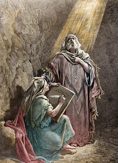 バルークに予言を口述する預言者エレミア - Gustave Dore (1832-1883)の聖書からのPannemackerによる彩色彫刻 - エレミア（紀元前650-585）、ヘブライ語の預言者。バルークに自分の予言を口述するエレミヤ。パンネマッカーによるエングレーヴィング、The Bibl 作： Gustave Dore