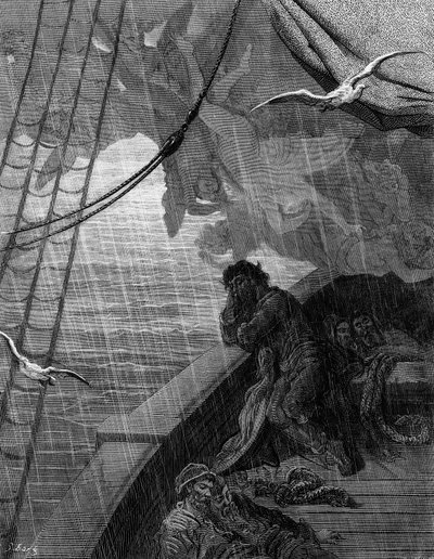 雨が降り始めた、1876年にニューヨークのハーパーウントブラザーズから出版されたSTコールリッジの「古代のマリナーの霧」のシーン（木の彫刻） 作： Gustave Dore