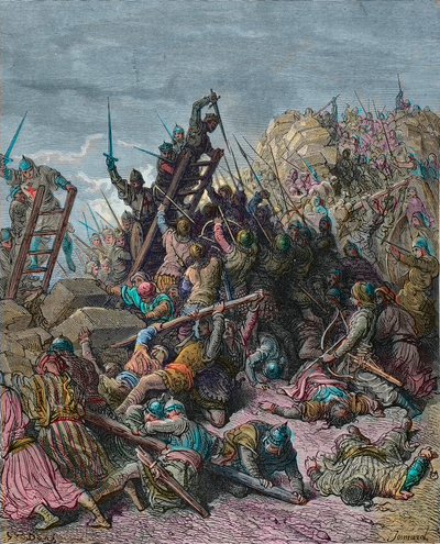 第3回十字軍におけるプトレマイオスの包囲 1189年-ギュスターヴ・ドーアによる刻印（ジョセフ・フランソワ・ミショー著「十字軍の歴史」より）- 1191年のサン・ジャン・ダクレ（イスラエル）の包囲。第3回十字軍では、鎧を着た兵士たちが要塞化された都市を取り囲んだ 作： Gustave Dore