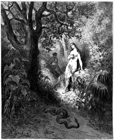 アダムとイブに向かう蛇。ギュスターヴ・ドーレによるジョン・ミルトン（1608-1674）作「失楽園」の挿絵 - 誘惑 - 釣り - 1866年のエングレーヴィング。個人蔵 作： Gustave Dore