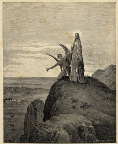 「キリストの誘惑」砂漠に導かれたイエスは悪魔に誘惑される。ギュスターヴ・ドーレ（1832-1883）による聖書のための挿絵。1866 作： Gustave Dore